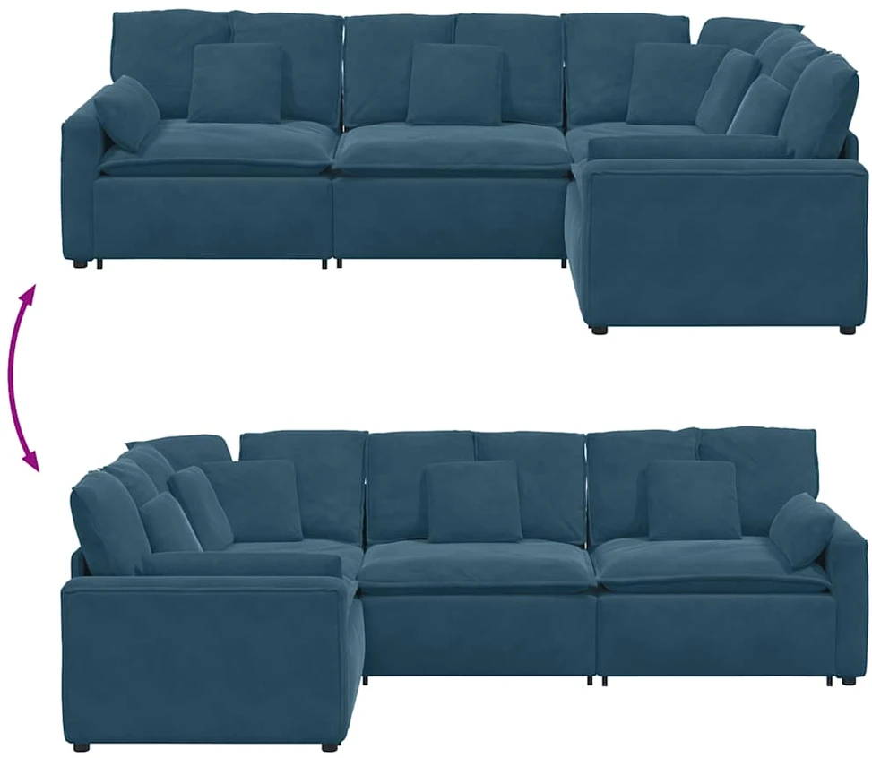 Modulinė sofa su pagalvėlėmis, aksominė, mėlyna