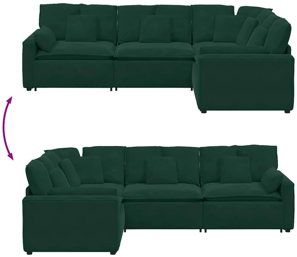 Modulinė sofa su pagalvėlėmis, aksominė, tamsiai žalia
