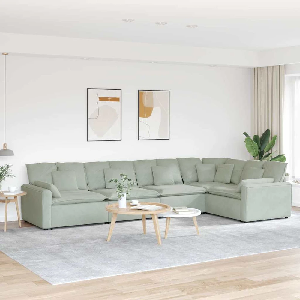 Modulinė sofa su pagalvėlėmis, aksominė, šviesiai pilka
