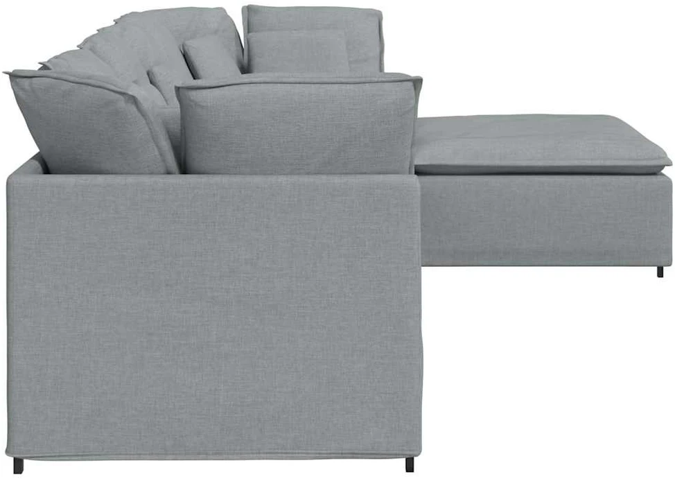 Modulinė sofa su pakoja ir pagalvėlėmis, audinys, šviesiai pilka