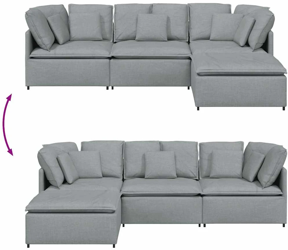 Modulinė sofa su pakoja ir pagalvėlėmis, audinys, šviesiai pilka