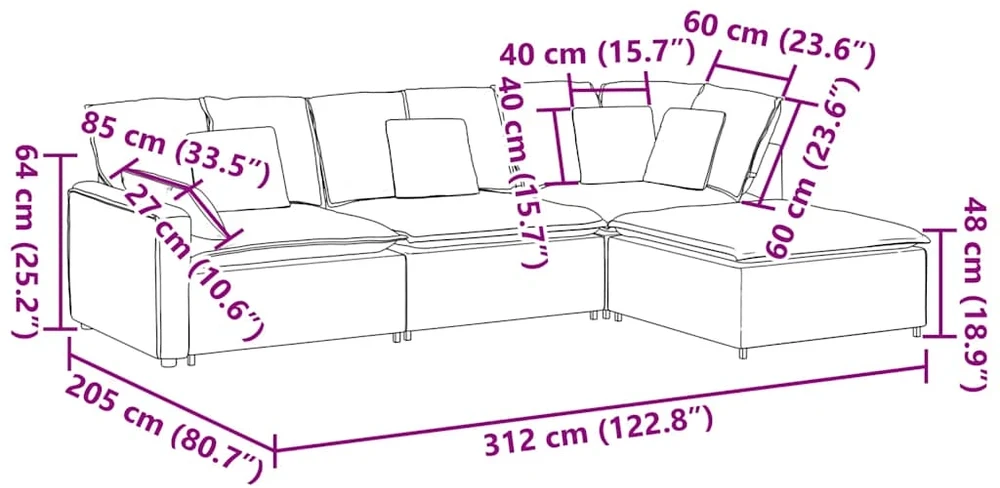 Modulinė sofa su pakoja ir pagalvėlėmis, audinys, šviesiai pilka