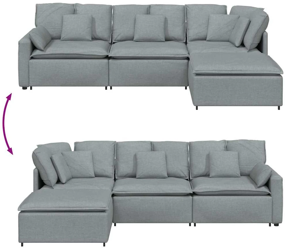 Modulinė sofa su pakoja ir pagalvėlėmis, audinys, šviesiai pilka