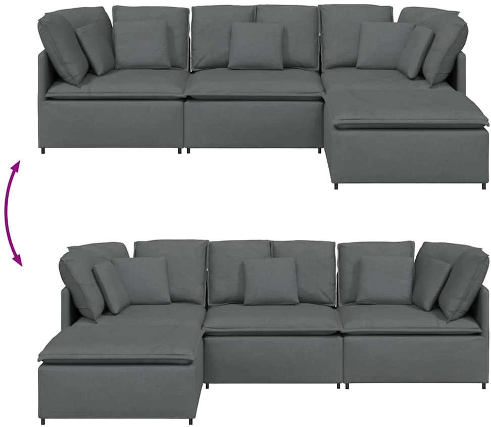 Modulinė sofa su pakoja ir pagalvėlėmis, audinys, tamsiai pilka