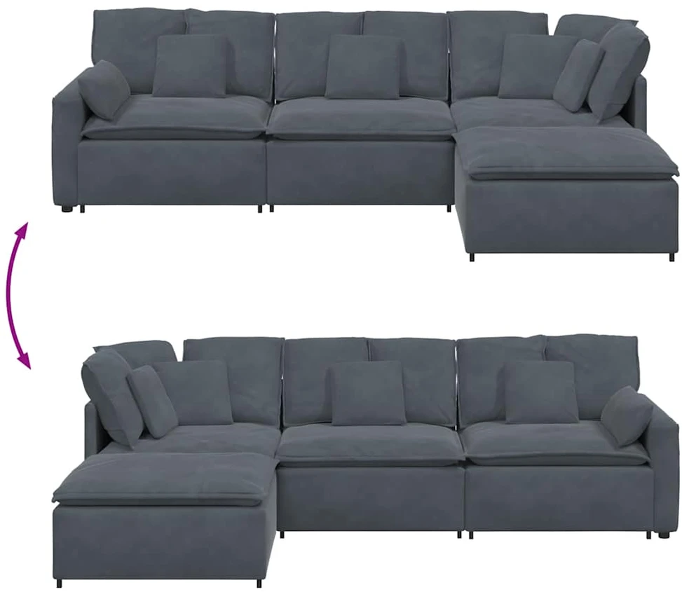 Modulinė sofa su pakoja ir pagalvėlėmis, aksominė, tamsiai pilka