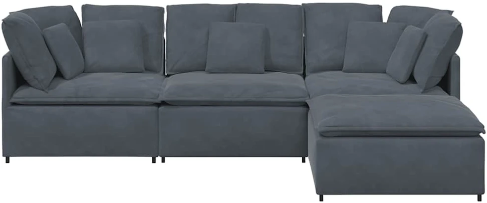 Modulinė sofa su pakoja ir pagalvėlėmis, aksominė, tamsiai pilka