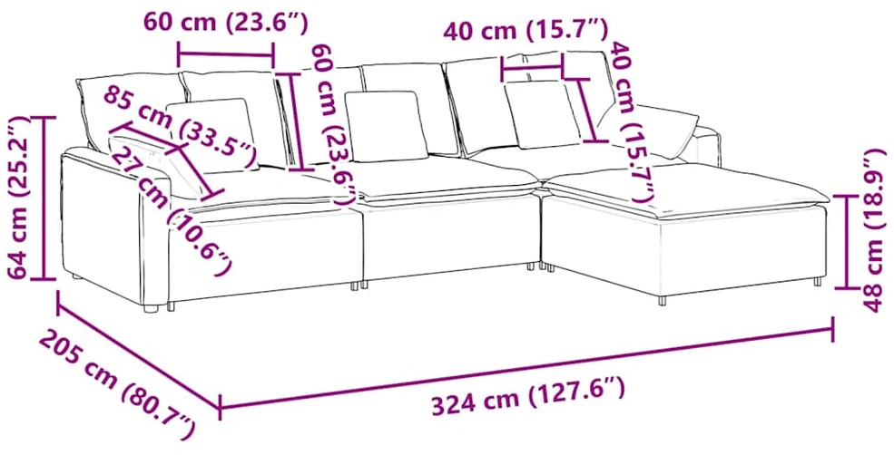 Modulinė sofa su pakoja ir pagalvėlėmis, tamsiai pilka