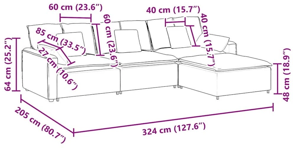 Modulinė sofa su pakoja ir pagalvėlėmis, smėlio spalvos