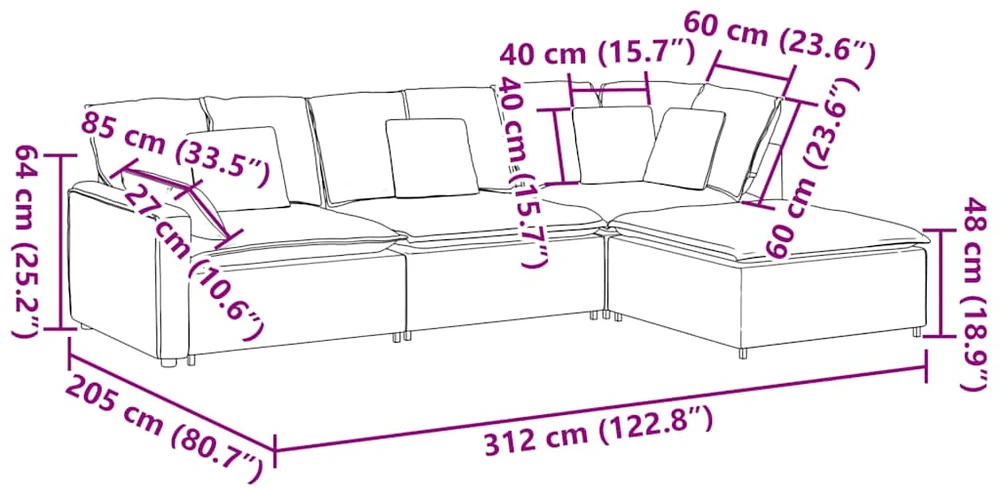 Modulinė sofa su pakoja ir pagalvėlėmis, aksominė, tamsiai pilka