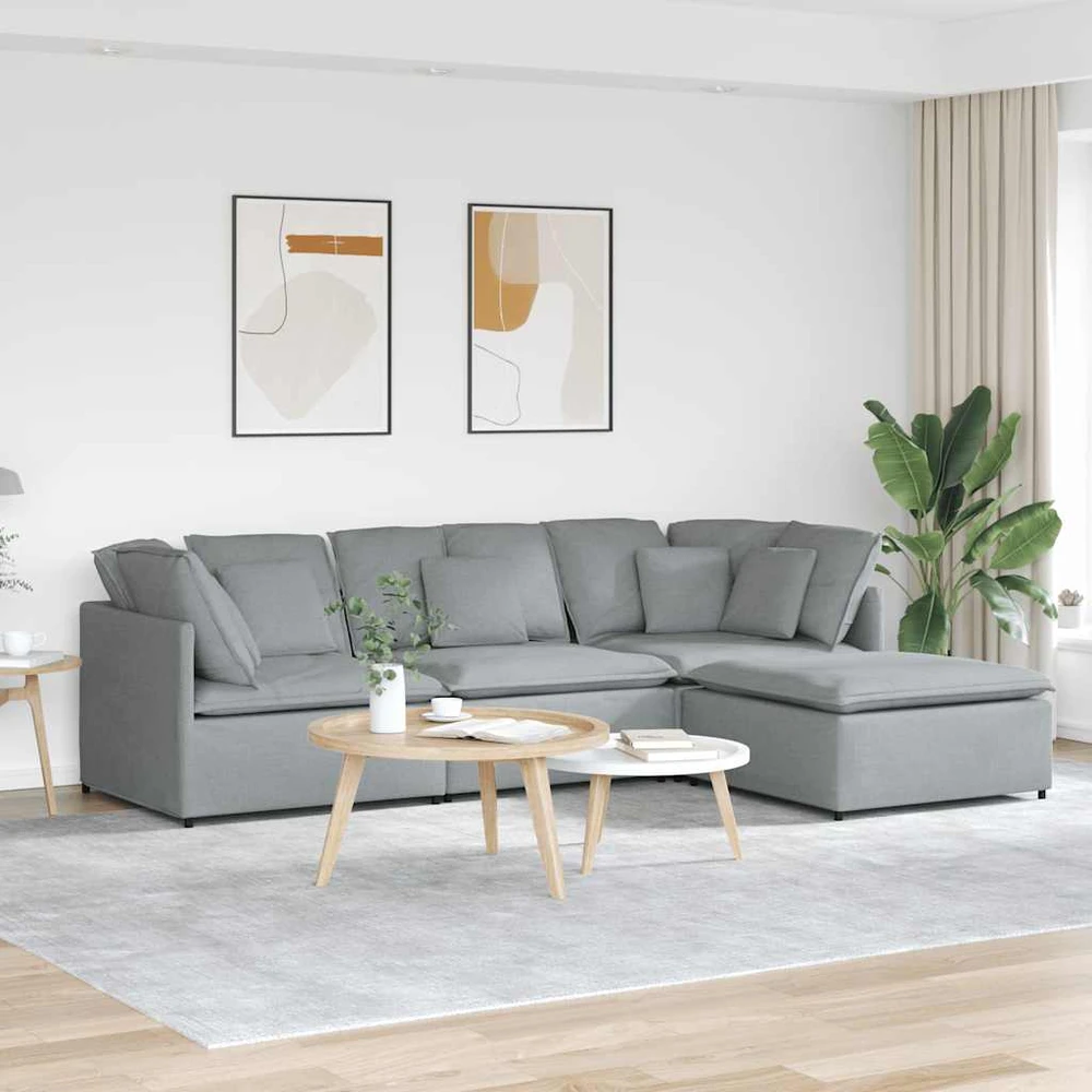 Modulinė sofa su pakoja ir pagalvėlėmis, audinys, šviesiai pilka