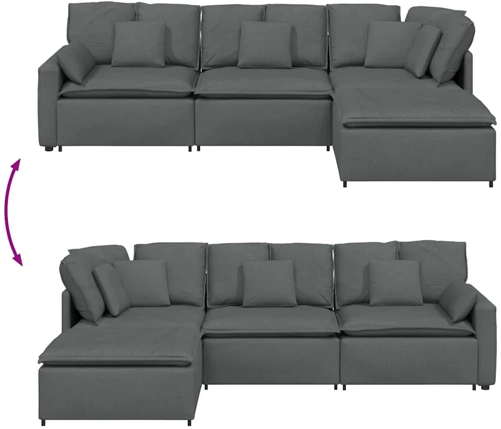 Modulinė sofa su pakoja ir pagalvėlėmis, audinys, tamsiai pilka