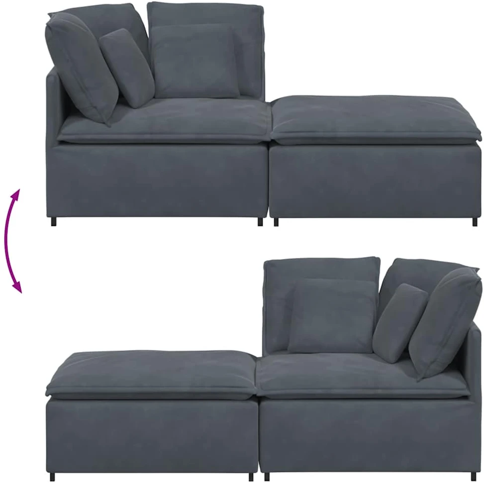 Modulinė sofa su pakoja ir pagalvėlėmis, aksominė, tamsiai pilka