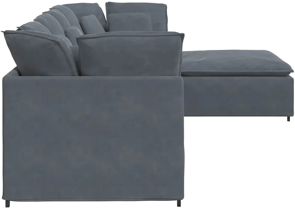 Modulinė sofa su pakoja ir pagalvėlėmis, aksominė, tamsiai pilka