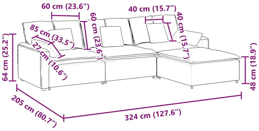 Modulinė sofa su pakoja ir pagalvėlėmis, tamsiai pilka