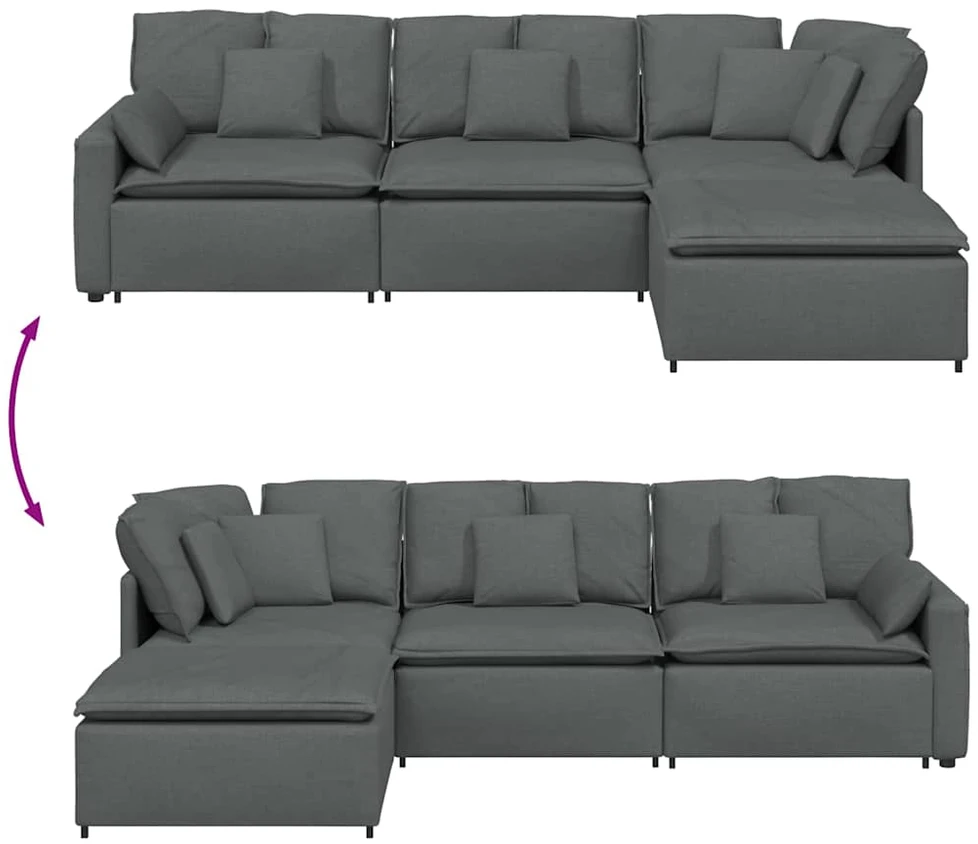 Modulinė sofa su pakoja ir pagalvėlėmis, audinys, tamsiai pilka