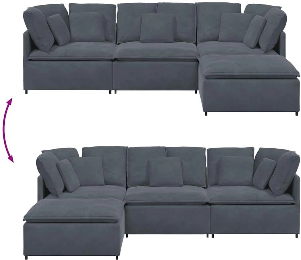 Modulinė sofa su pakoja ir pagalvėlėmis, aksominė, tamsiai pilka