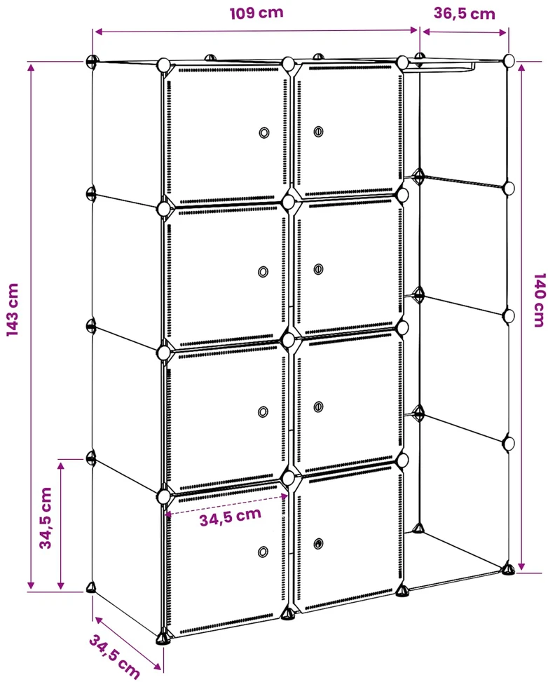 Modulinė spinta, 9 skyrių, juoda/balta, 37x115x150 cm