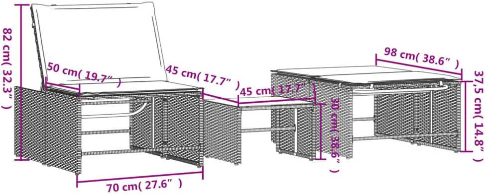 Saulės gultai su staliuku, 2vnt., juodos spalvos, poliratanas