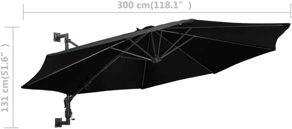 Prie sienos montuojamas skėtis su stulpu, juodas, 300cm