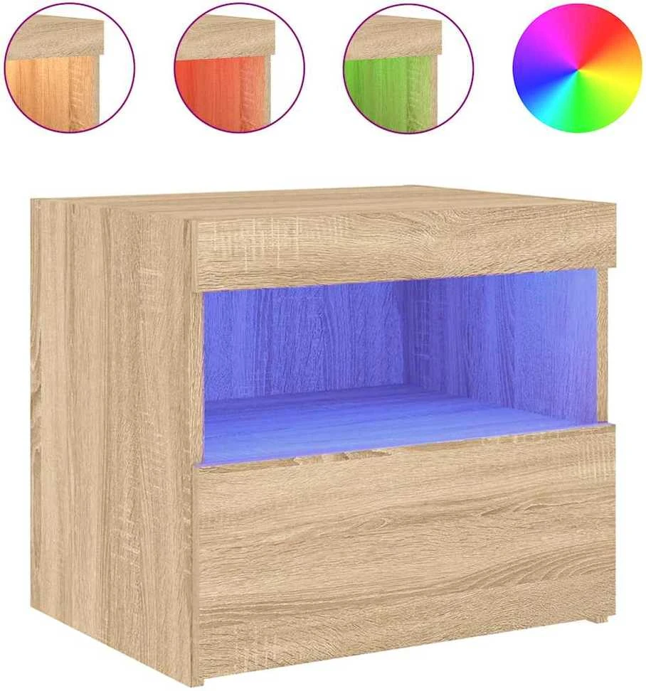 Naktinė spintelė su LED lemputėmis, ąžuolo spalvos, 50x40x45cm