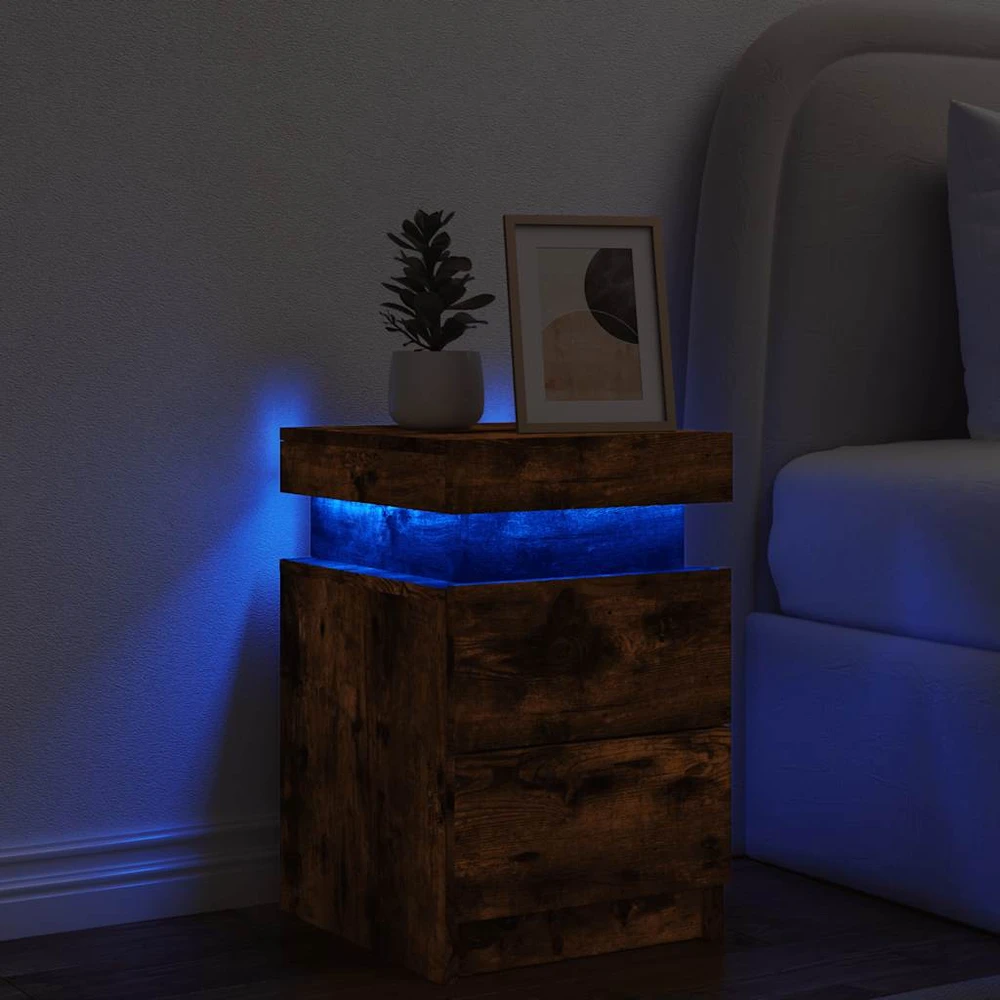 Naktinė spintelė su LED lemputėmis, dūminio ąžuolo, 35x39x55cm