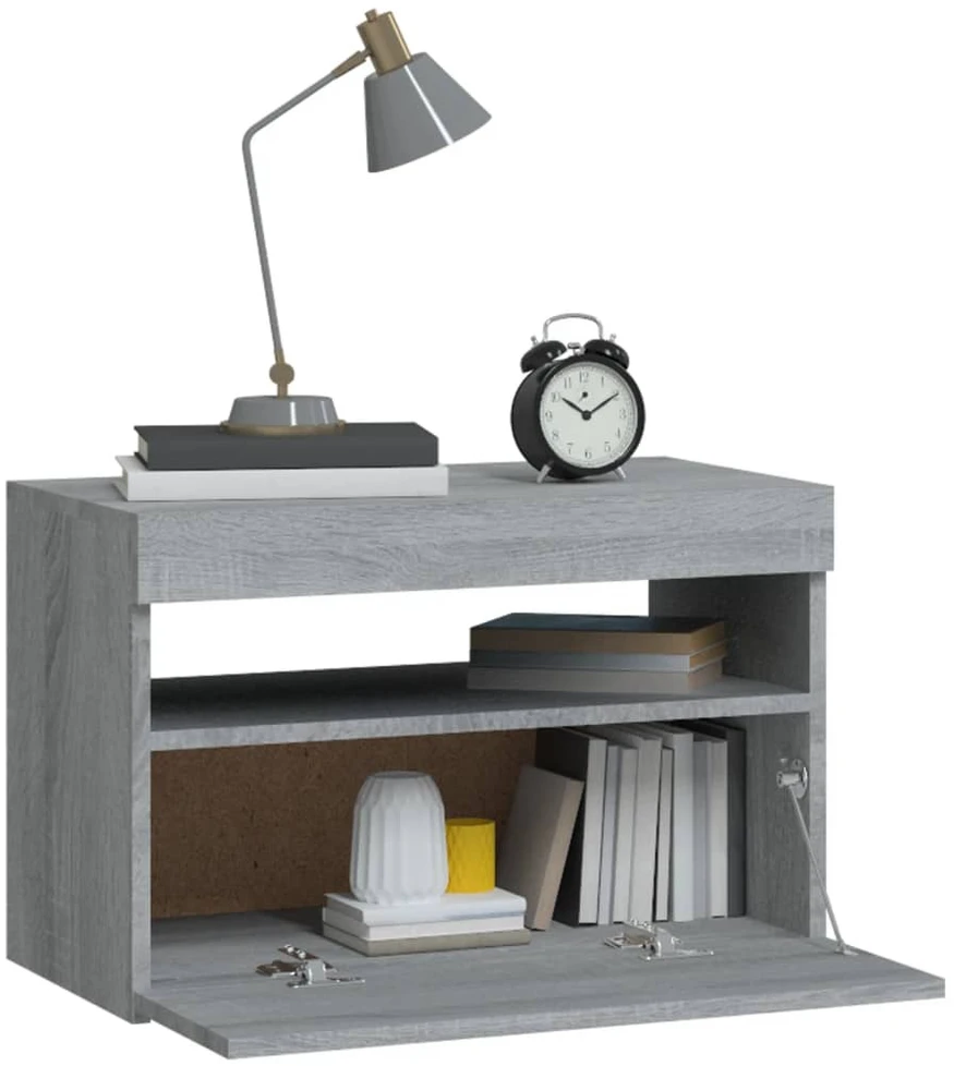 Naktinė spintelė su LED lemputėmis, pilka, Sonoma, 60x35x40cm
