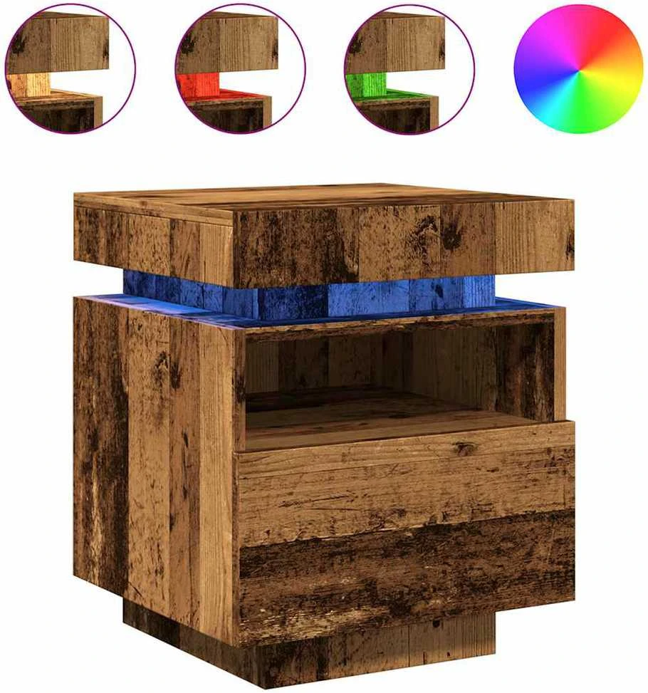 naktinė spintelė su LED lemputėmis, sena mediena 40x39x48,5 cm