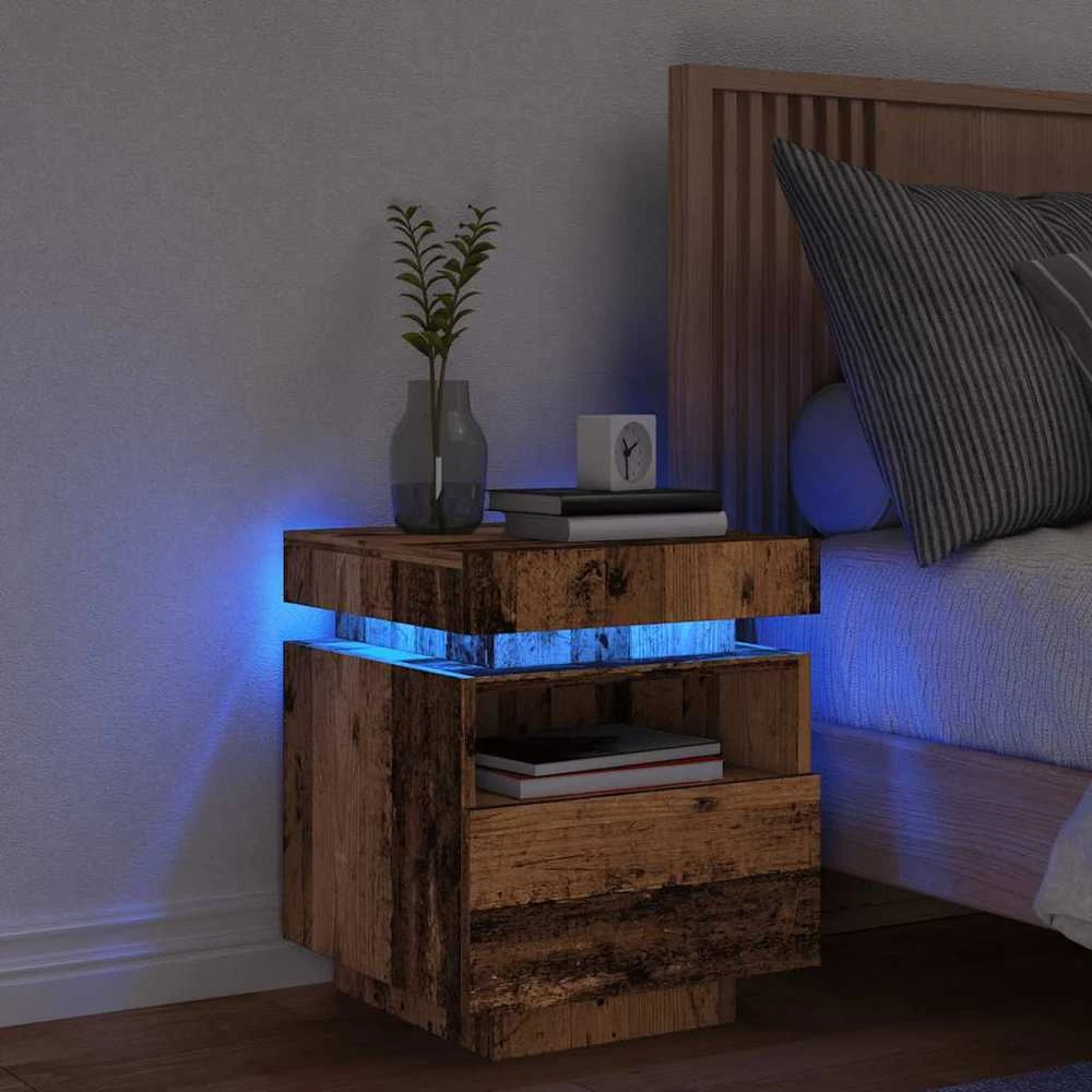 naktinė spintelė su LED lemputėmis, sena mediena 40x39x48,5 cm