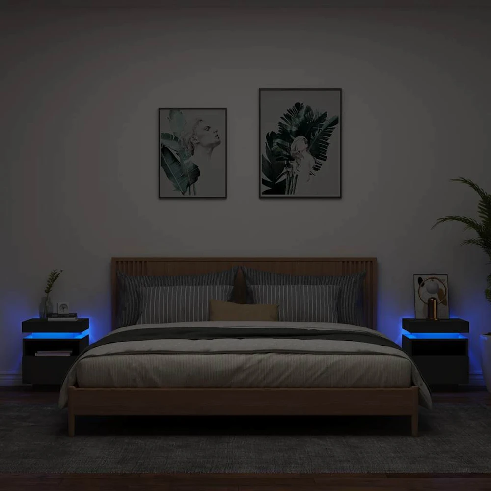 Naktinės spintelės su LED, 2vnt., juodos, 40x39x48,5cm
