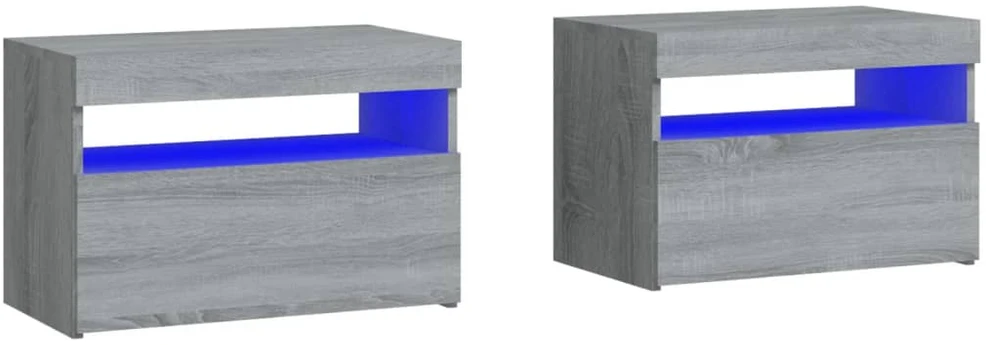 Naktinės spintelės su LED, 2vnt., pilkos ąžuolo, 60x35x40cm