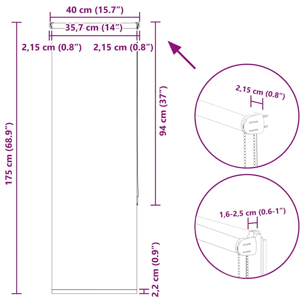 Naktinis roletas baltos spalvos 40x175 cm audinio plotis 35,7cm