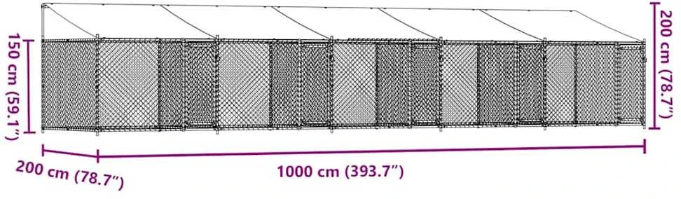 Narvas šunims su stogu ir durimis, pilkas, 10x2x2m, plienas