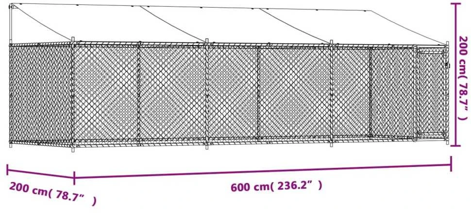 Narvas šunims su stogu ir durimis, pilkas, 6x2x2m, plienas