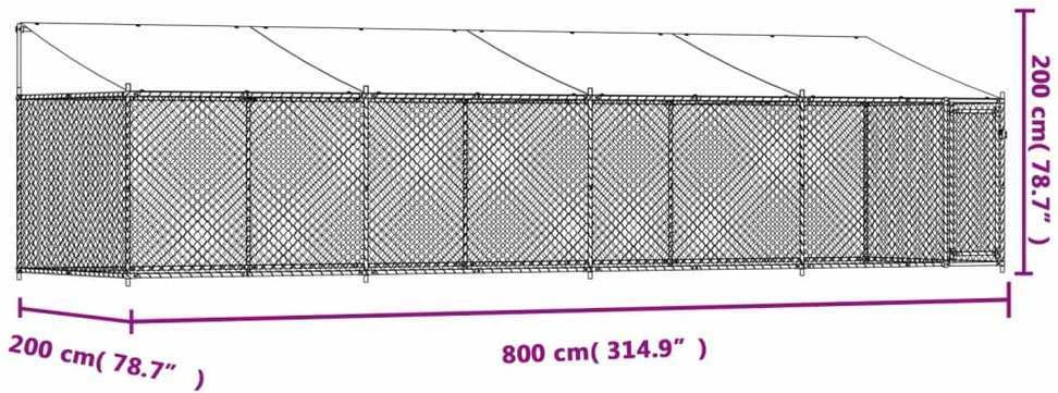 Narvas šunims su stogu ir durimis, pilkas, 8x2x2m, plienas