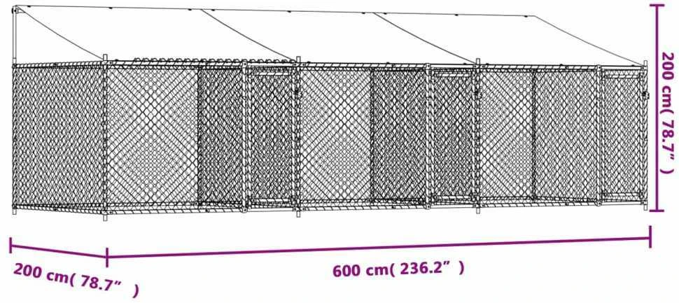 Narvas šunims su stogu ir durimis, pilkas, 6x2x2m, plienas