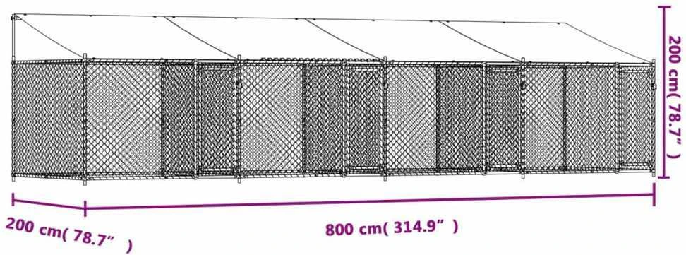 Narvas šunims su stogu ir durimis, pilkas, 8x2x2m, plienas