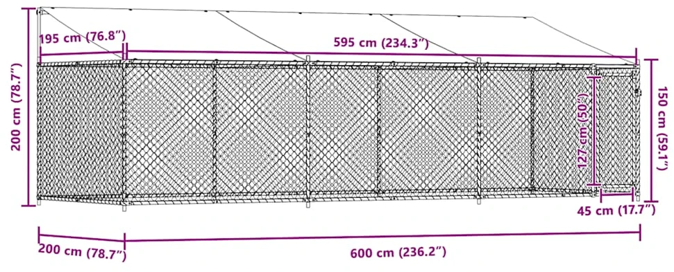 Narvas šunims su stogu ir durimis, pilkas, 6x2x2m, plienas