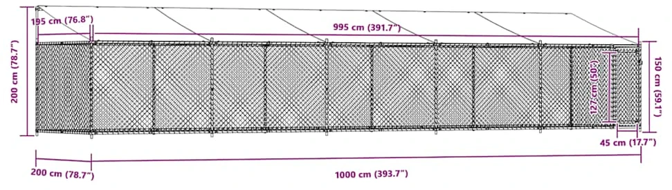 Narvas šunims su stogu ir durimis, pilkas, 10x2x2m, plienas