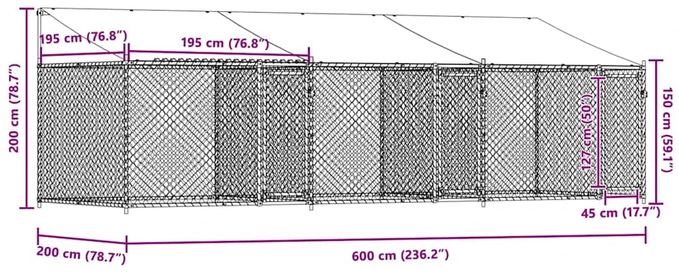 Narvas šunims su stogu ir durimis, pilkas, 6x2x2m, plienas