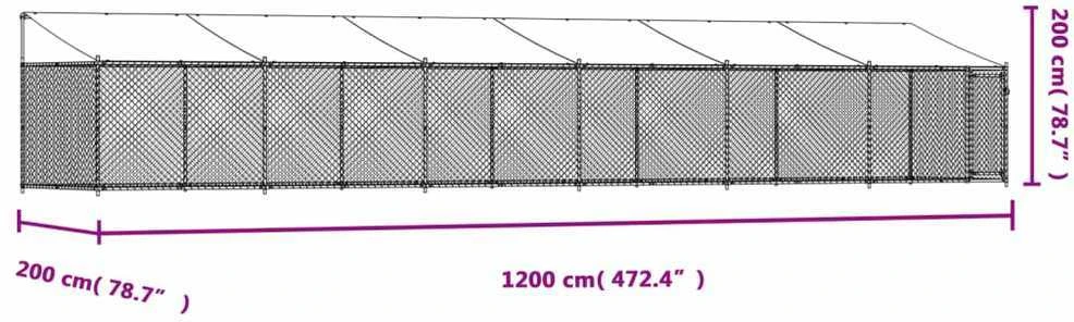 Narvas šunims su stogu ir durimis, pilkas, 12x2x2m, plienas