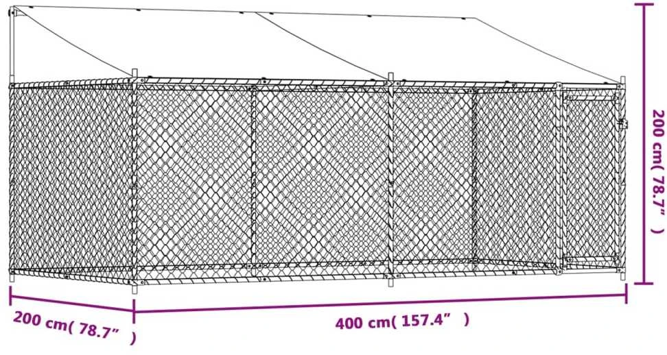 Narvas šunims su stogu ir durimis, pilkas, 4x2x2m, plienas