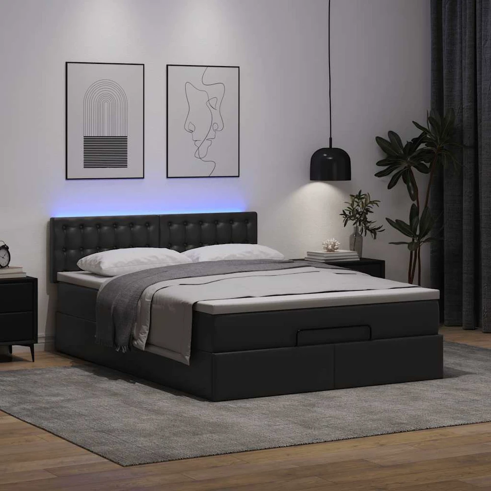 Osmanų lova su čiužiniais ir LED, juodas, 140x190cm, dirbt. oda