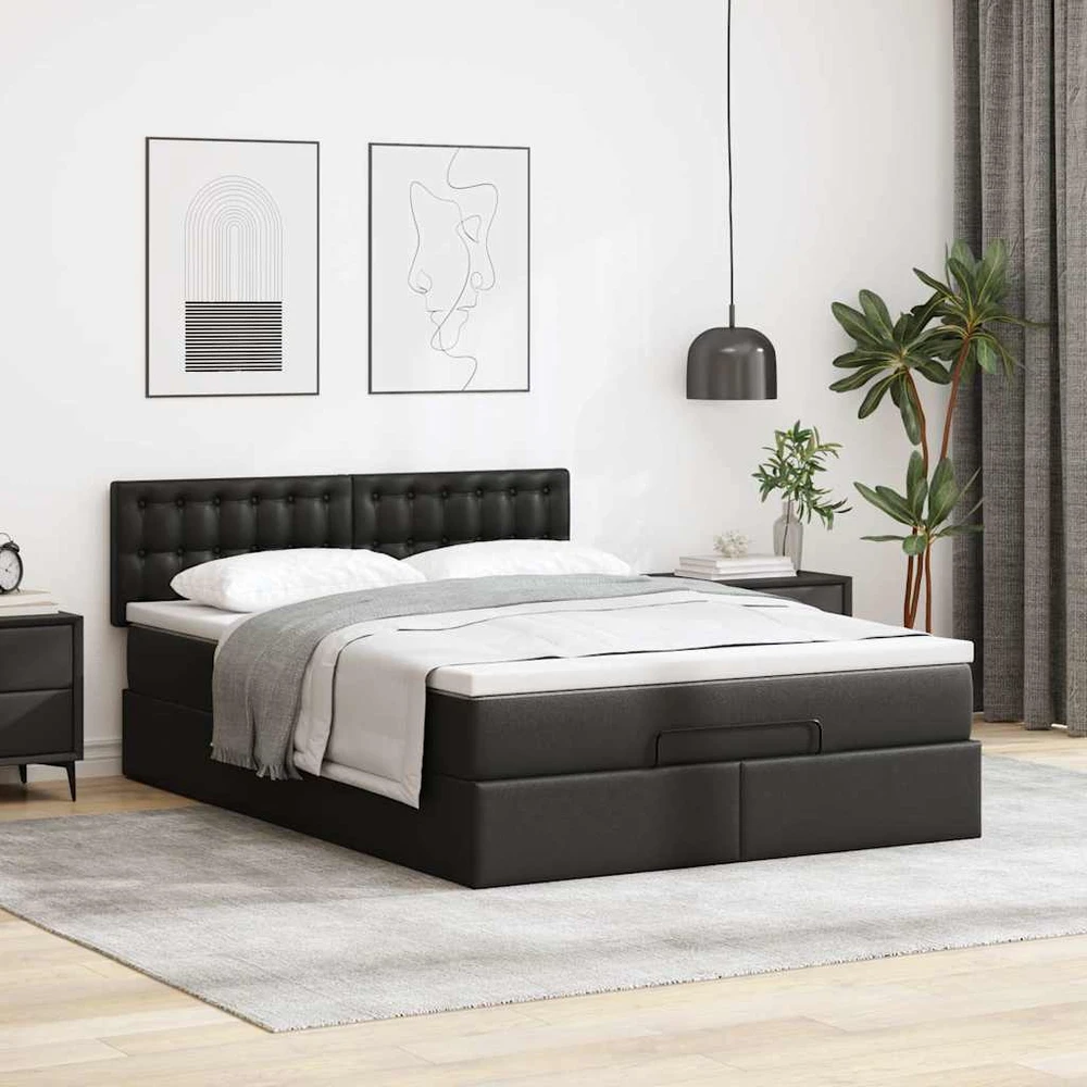 Osmanų lova su čiužiniais ir LED, juodas, 140x190cm, dirbt. oda