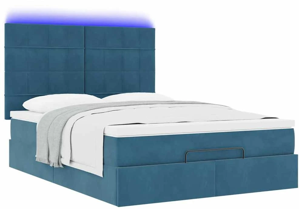 Osmanų lova su čiužiniais ir LED Tamsiai mėlyna Velvet