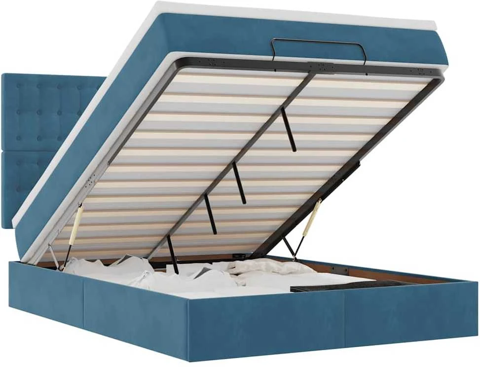 Osmanų lova su čiužiniais ir LED Tamsiai mėlyna Velvet