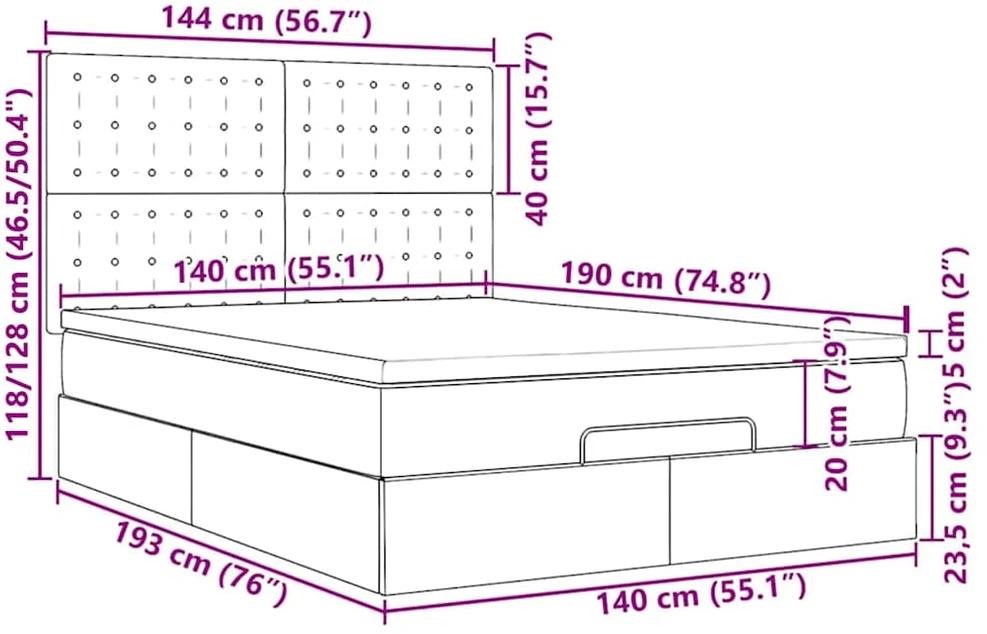 Osmanų lova su čiužiniu ir LED juodas 140x190cm audinys