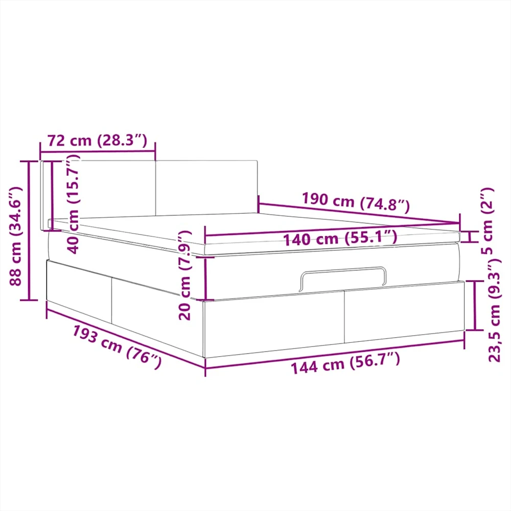Osmanų lova su čiužiniu ir LED juodas 140x190cm audinys