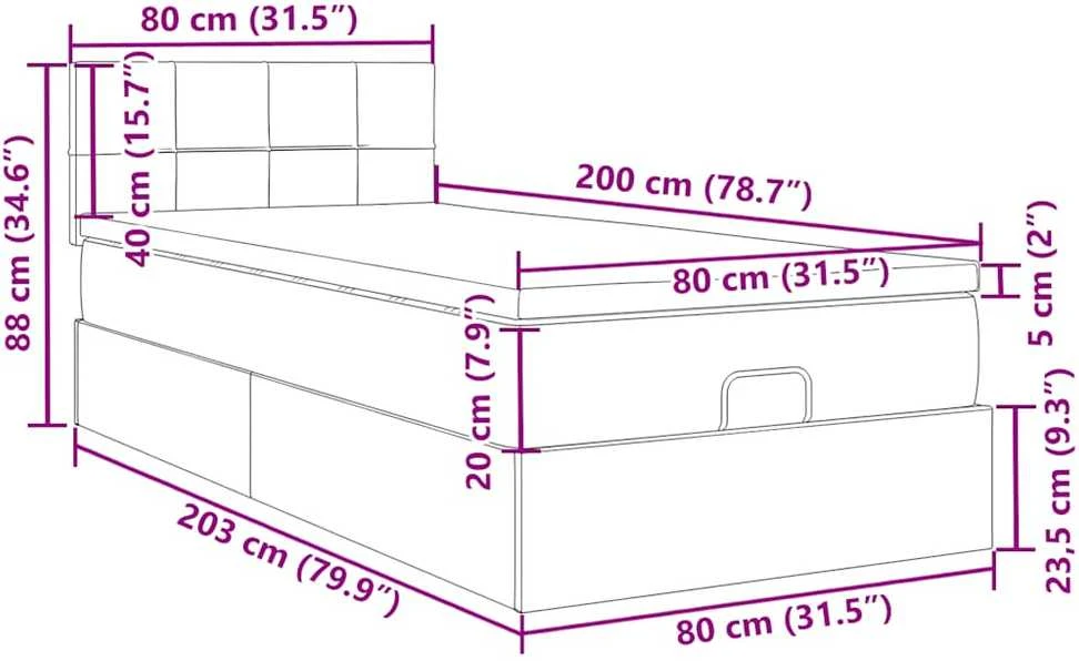 Osmanų lova su čiužiniu ir LED, juodas, 80x200cm, aksomas
