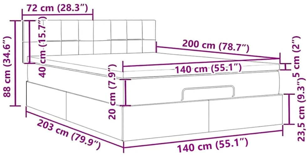 Osmanų lova su čiužiniu ir LED kreminiu 140x200 cm audiniu