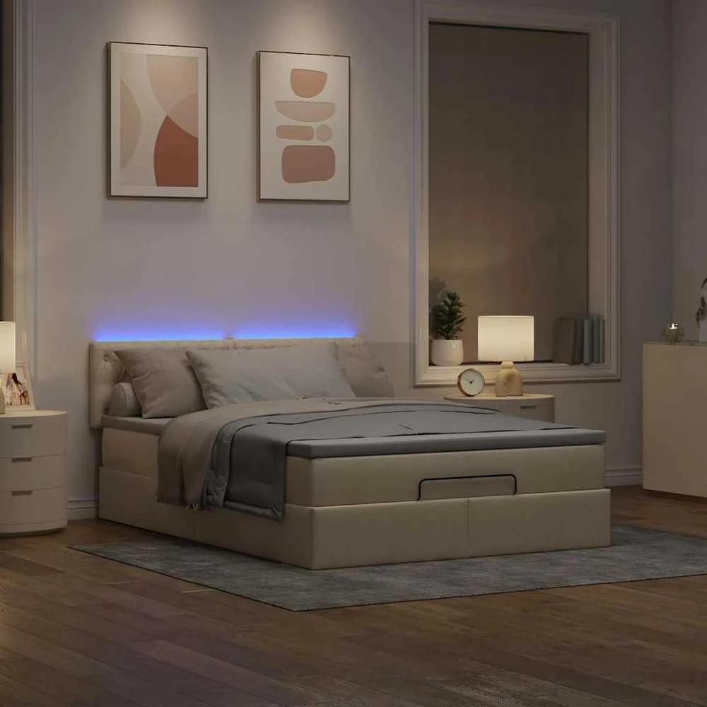 Osmanų lova su čiužiniu ir LED kreminiu 140x200 cm audiniu